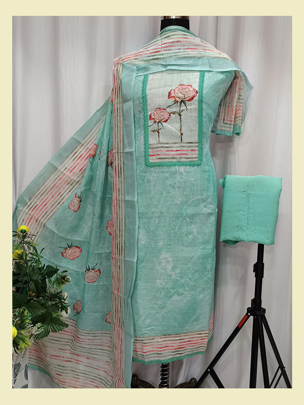 Cotton Linen Shirt With Digital Print & Neck Handwork