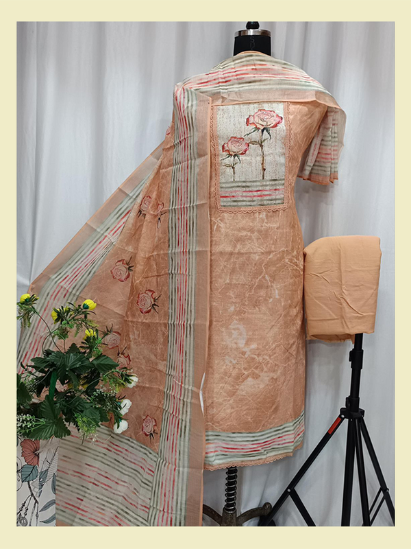 Cotton Linen Shirt With Digital Print & Neck Handwork